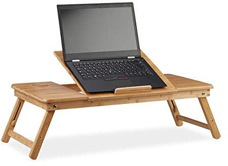 Relaxdays Laptoptisch Bambus XL, ideale Belüftung, höhenverstellbar, 5 Neigungswinkel, Lapdesk mit Schubfach, Natur