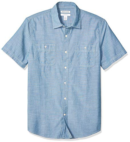 Amazon Essentials Camisa de Manga Corta de Corte Regular en Chambray Hombre, Azul Medio, M