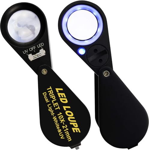 10x 21mm Magnifier Jewelry Loupe, Triplet Lens Optical Glass and LED Lighting Pocket Gem Magnifying Tool for Jeweler, Stamp Philatelist, Coin Numismatic, Achromatic Black Hexagonal Design Kit Set