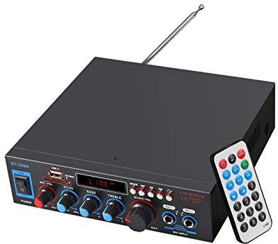 Audio Amplifier 800W Mini HiFi Bluetooth Verstärker 400W+400W, Auto Audio Verstärker Stereo mit Netzteil Unterstützt AUX, USB, MIC, TF, mit Zwei Mikrofon Eingang