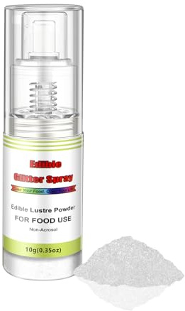 Edible Glitter Spray(White), Non Aerosol Food Coloring Lustre Powder, Food Grade Sparkling Dust Push Pump for Decorating Cupcake, Fondant, Cookie, Frosting, Gum paste, 0.35 OZ.