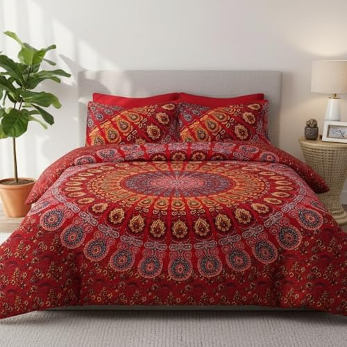 SHIRANYA 100% Cotton Red Mandala Duvet Cover Set Queen 3 Piece Indian Ethnic Reversible Bohemian Floral Design Bedspread Blanket (1 Duvet Cover+2 Pillowcases, Size-88x82 inch)
