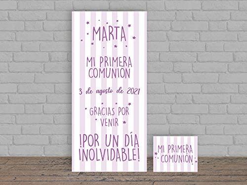 Oedim Photocall Infantil para Comunión Personalizado en Lona + Cartel en Cartón Rayas Rosa y Blanco | Varias Carteles | Photocall Personalizado Económico y Original |