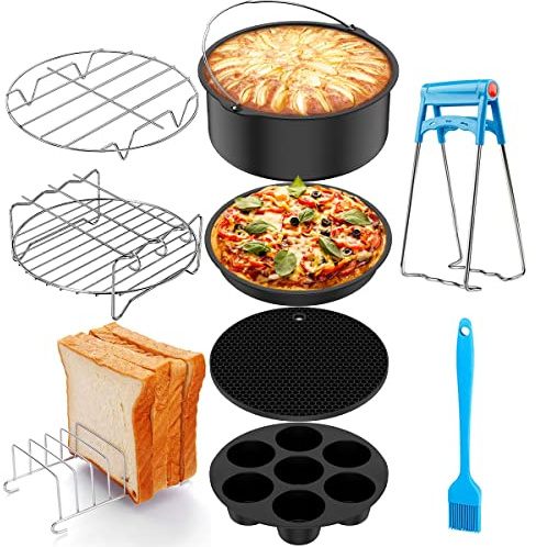 Ghopy Air Fryer Accessories Set, 9 Pcs Cooking and Baking Set Include Pizza Pan/Egg Tart Mould/Cake Basket/Skewer Rack/Steaming Rack/Toast Rack/Silicone Pad/Clip/Oil Brush for Most QT Fryer(7 inch)