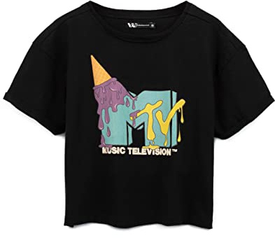 MTV Beskuren T-shirt för kvinnor | Damer musik tv-band låtar glass logotyp svart magtröja | festival kläder varor, Svart, S