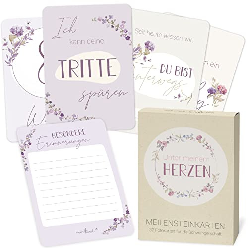 mintkind® Meilensteinkarten Schwangerschaft Blumen Rosa – 32 Karten im Set | Wundervolle Geschenkideen für werdende Mütter zum Verkünden – für zauberhafte Babybauch Fotos
