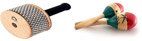 Club Salsa F835255 Cabasa, 18 cm x 11 cm & World Rhythm MAR56-NT Naturholz Maracas, handbemalt - Full Size Paar