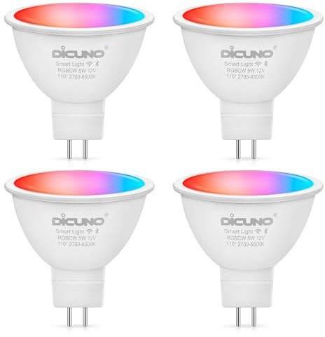 DiCUNO MR16 Smart Bulb 5W, GU5.3 LED WiFi Light, AC/DC 12V, 40W Equivalent, Compatible with Alexa, Google Home, Tunable White 2700K-6500K, Colour Changing Spotlight, 320LM, 4 Pcs