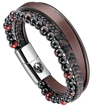 SHIEAGLELD Bracciale Uomo Pelle Classico Cuoio Braccialetto Uomo con Calamita Fibbia in Acciaio Inossidabile ed Esclusivo Portagioie per Braccialetti l'idea di Regali