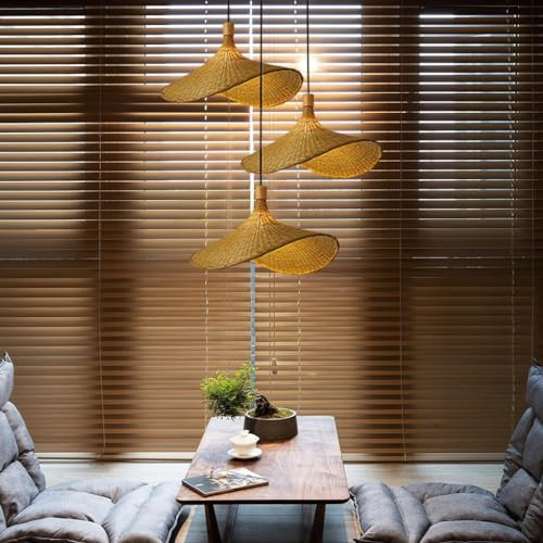 FWX Kronleuchter Retro Bambus Pendelleuchte Natürlicher Vintage Hängelampe E27 Handgewebter Rattan Lampenschirm Hut Pendellampe Für Restaurant Esszimmer Wohnzimmer Schlafzimmer Korridor Deko Leuchte