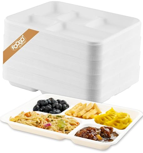 FOOGO Green 200pcs Shallow Disposable Plates, 25x21 inch 5 Compartments | Sugarcane Bagasse Paper Trays, Divided Plates for Hot Food, Portion Control