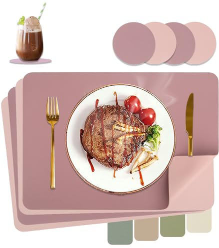 HELI MIAO Tischsets Abwaschbar,Platzsets Abwischbar,Tischset Leder,Hitzebeständig Doppelseitigen I 4er Set Platzdeckchen Lederoptik mit Untersetzer,Tischuntersetzer,Platzdecken Lila + Rosa