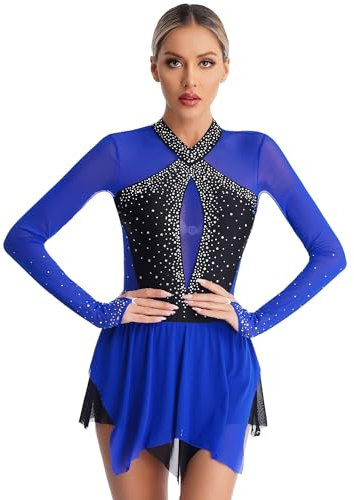 TTAO Damen Eiskunstlauf Kleid Glitzer Langarm Kürkleid Ballett Trikotanzug Mesh Spleiß Gymnastikanzug mit Tutu Röckchen Wettkämpfe Bekleidung Blau L
