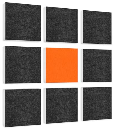 platino24 Akustikpaneele 9 Elemente Colore Quadrat 27,5 x 27,5 cm Anthrazit + Orange I Schallabsorber aus Basotect G+ mit Akustikfilz I Schalldämmung Wand & Decke I Akustikelemente Wandpaneel