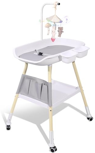 Sierjian Baby Changing Table, Adjustable Height Diaper Changing Station with Baby Crib Mobile, Changing Pad, Nursery Organizer and Large Storage Rack for Infant and Newborn
