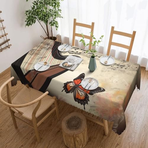 Tischdecke mit Musikhintergrund mit Harfe und Schmetterling, wasserdicht und schmutzabweisend, rechteckige Tischdecke, 183 x 137 cm, waschbare Tischdecke für Küche, Dekoration, Innen- und