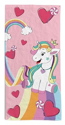 hermet Unicorno, Telo Mare Bambina, 70x140 cm, Asciugamano da Spiaggia o Piscina con Disegni di Unicorni, 100% Morbido Cotone, Leggero e Pratico