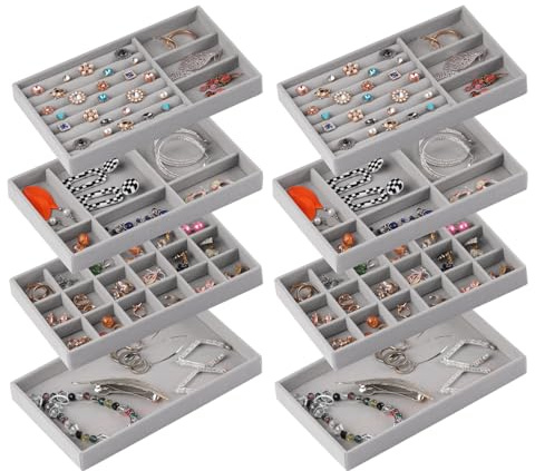 Afnkiom Schmuck-Organizer-Tablett, stapelbare Samt-Schmucktabletts, Set mit 8 Schubladeneinsätzen, Ohrring-Organizer für Damen und Mädchen, Schmuckaufbewahrung, Vitrine für Ringe, Ohrstecker,