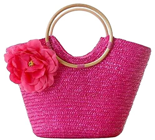 MEIZHITU Korbtaschen Damen Rattan Gewebte Handtasche Blumen Umhängetasche Gewebte Tasche Freizeit Urlaub Tote Strandtasche Damen Sommer Strand Geldbörse(Color:Rose red)