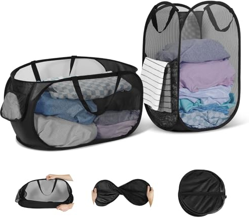 WUFANC Pop Up Wäschekorb Faltbar 2 Stück aus Netzmaterial (36 * 36 * 58cm) mit Henkel für Badezimmer, Camping, College Dorm und Reisen, Zusammenklappbarer Korb für schmutzige Wäsche (Schwarz)