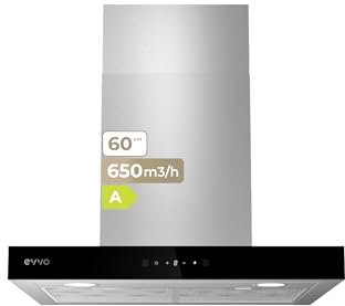 EVVO Campana Extractora Decorativa CE31, Ancho 60 cm, Potencia 650 m³/h, 3 Velocidades, Modo Boost, Táctil con Display, Temporizador Apagado, Luz LED, Eficiencia Energética A, Acabado Inox Borde Negro