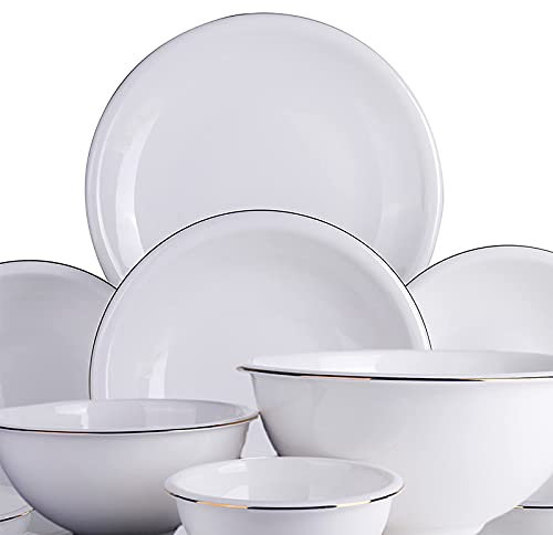 16 Pieces Bone China Dinner Set, Porcelain Kitchen Serving Dinnerware Set with White Round Cereal Bowls Dessert Plates with Gold Rim Service for 6