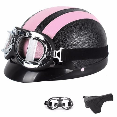 Motorcykelhjälm kvinnor män öppen ansikte retro halvskalshjälm DOT/ECE-certifierad med skyddsglasögon, skoter, hjälm, jethjälm, downhill hjälm, mopehjälm, skyddshjälm för Cruiser Chopper, rosa-54~60