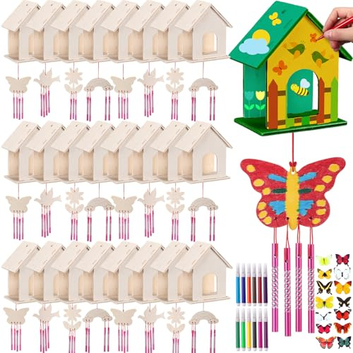 Feifeiya 24 Sets DIY Birdhouse Wind Chime Kit Build and Paint Birdhouses Wooden Arts 24 Unfinished Wooden Bird House 24 Wind Chime 38 Butterfly Sticker 24 Watercolor Arts for Activity(Elegant)