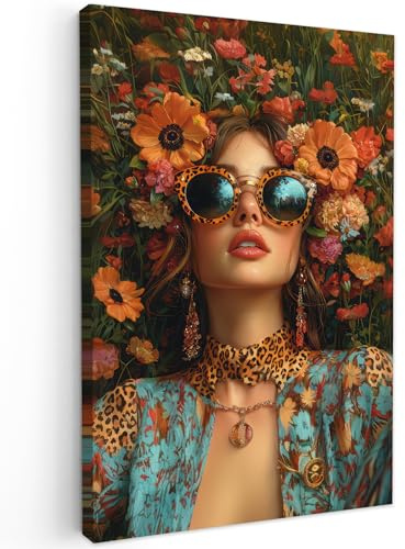 MuchoWow© Leinwandbild Groß XXL Dekoration Wohnzimmer Bilder Pictures Wall | 80x120 cm - Decoration Living Room Wohnungs Deko Moderne Bild Frau - Blumen - Modern - Brille - Abstrakt