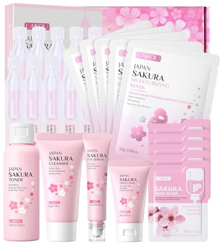 LAIKOU Sakura Ensemble de Soins de la Peau, Coffrets Cadeau de Soins pour la Peau, Soins Visage Adolescente, avce Masque Nettoyant Masque à Lèvres Masque Yeux Essence Crème (16 pièces avec boite)