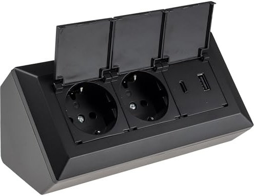 ChiliTec Steckdosenblock 2-Fach Mehrfachsteckdose Schwarz | Klappdeckel, USB-A, USB-C PD, 230V, Stromverteiler für Küche Büro Werkstatt
