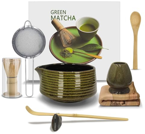 Essovee 8 Pcs Matcha Set,Complete Matcha Whisk Kit,Includes Bamboo Chasen Whisk,Ceramic Tea Bowl, Scoop x 2,Strainer,Matcha Whisk Holder,Scoop Holder,Tea Towel for Dad Mom Gifts