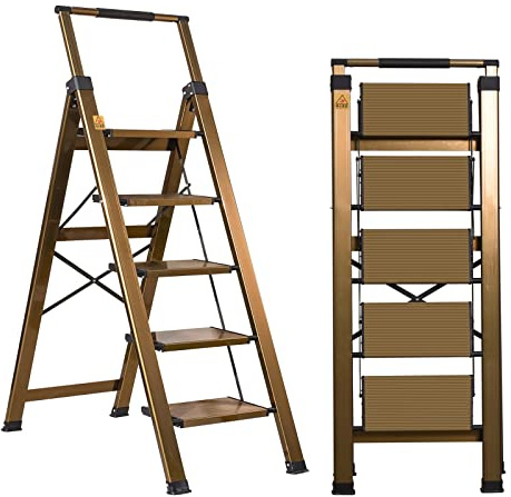 XinSunho 5 Step Ladder with Handrail, Folding Aluminium Ladder 150kg | Wide Anti-Slip Steps | Retractable Handrail | Lightweight Aluminium Frame | Slim Storage for Home, Kitchen and Office Use
