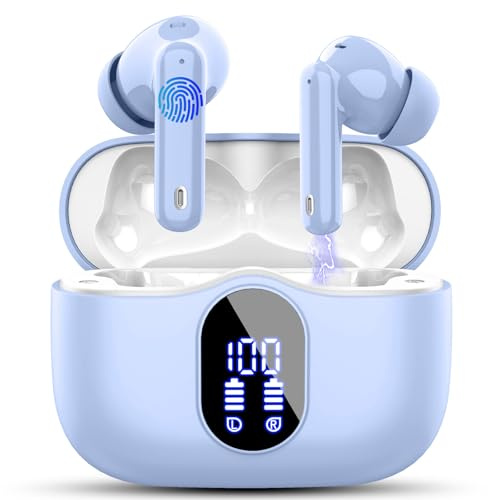 Wireless Earbuds, Bluetooth 5.4 Headphones In Ear with 4 ENC Mic, Ear Buds Noise Cancelling 3D Bass Stereo, Bluetooth Earbuds 36H Playtime, Earphones IP7 Waterproof, Customization via App, Pale Blue