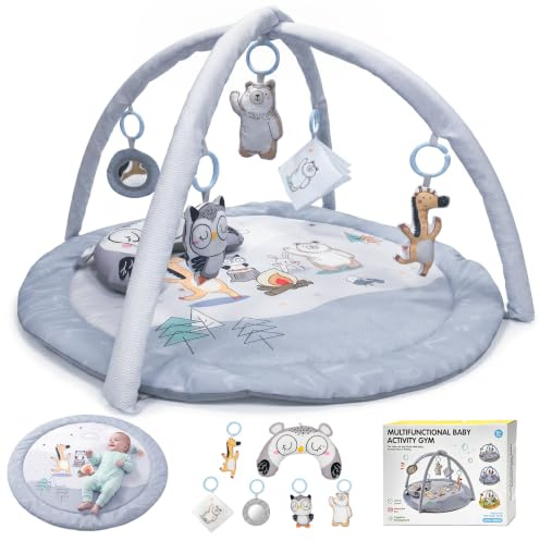 Baby Play Mat, Activity Play Gym Mat for Floor with Hanging Toys Tummy Time Pillow Baby Gym for Early Education Develop Motor & Cognition, Plush Playmat for Babies Newborn Infants Aged 0-12 Months
