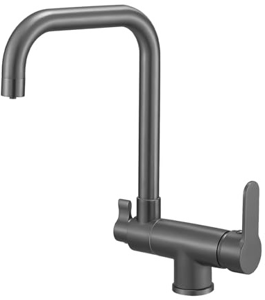 Zeffrary 3 Wege Wasserhahn Küche,Vorfenster Küchenarmatur Klappbar mit Kaltstart,3 in 1 Mischbatterie für Wasserfilter,360°Drehbar Armatur Küche Spülarmaturen mit 2 Hebel (Grau)