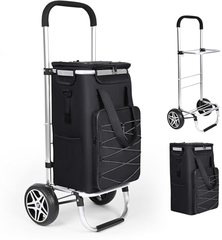YEAUPE PRO 3-i-1 shoppingvagn med kylfack, 47 l shoppingvagn med avtagbar väska, max. 25 kg lastkapacitet, inklusive sidofickor och flasköppnare (svart)