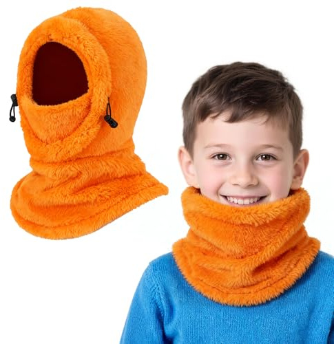 AYPOW Vinter Termisk Fleece Balaclava Barn 3-9 År, Multifunktionell Vindtät Justerbar Skidmask, Mössor Fleece Hatt Varm Huva Halsvärmare Sjal för Pojkar Flickor, Apelsin, one size