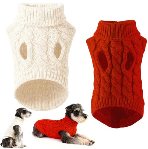 2 Pcs Dog Jumper, Turtleneck Knit Warm Winter White Red Sweater