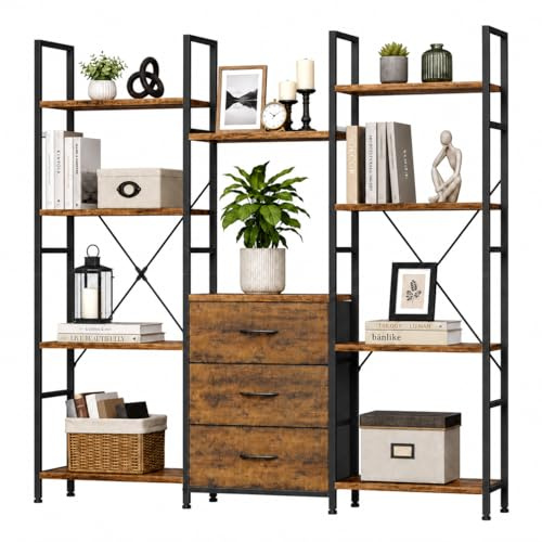 Bücherregal mit 3 Schublade, Standregal mit Metallrahmen 140 x 120 cm | Regal Industrial,10 offene Fächer,3 Stoffschubladen, für Wohnzimmer, Arbeitszimmer, Büro