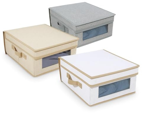 DANYX Kit 3 Scatole Cambio Stagione in TNT Salvaspazio Pieghevoli con Maniglie – Contenitori per Abiti e Biancheria con Finestra Trasparente in PVC, Colori Assortiti (50x40x25cm, Rettangolare)