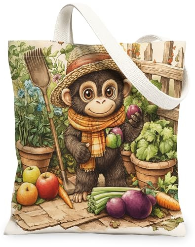 Spring Monkey Gardening Canvas Tote Bag for Shopping 13x15, Animal Farmhouse Country Reusable Grocery Print Bag for Women, Planting Beach Aesthetic Painting Gift Decor