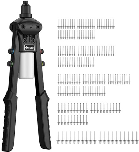 JiGiU 13.3 Pistola Remachadora Profesional con 200 Remaches Negro | Pistola de Remache,Alicates Ergonómicos de Doble Mango y 5 Cabezas Remachables (2,4 mm/3,2 mm/4,0 mm/4,8 mm/6,4 mm)