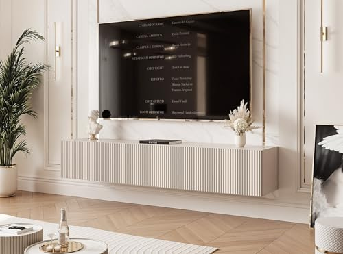 IDOHOME Meuble TV Suspendu LED 4 Compartiments 200 cm Cachemire | 200 x 40 x 36 cm, Panneau laminé, Rangement pratique, Ouverture push, Coin multimédia, Éclairage LED