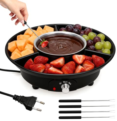 Wapasezyar Juego de fondue de chocolate eléctrico con 4 brochetas de 260 ml, fuente de chocolate, 2 niveles de temperatura para derretir y mantener caliente, para chocolate, frutas, galletas de