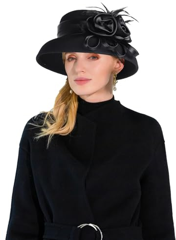 IRFHDCX Melonhatt svart cloche-hatt av ullfilt för kvinnor | Med blomfjäder formell kyrko-te-fest-klänning cocktail-hinkhattar