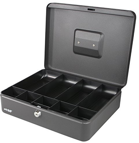 HMF Geldkassette abschließbar, Kasse mit 5 Münzfächern und 4 Geldscheinmulden, 30 x 24 x 9 cm | Schwarz