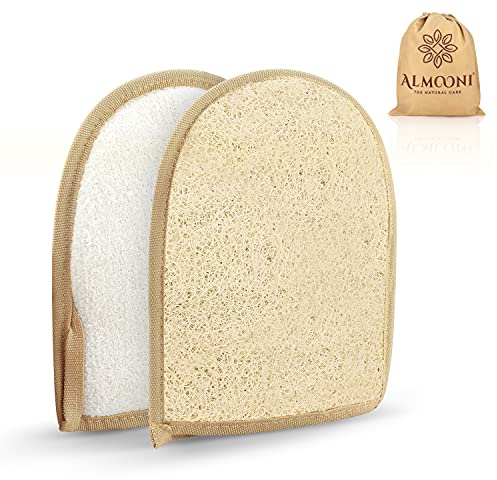 Almooni Egyptian Loofah Gloves for Women & Men, Real Natural Egyptian Loofah Mittens with Terry Cloth, Premium Exfoliating Mitt for Body Cleansing, 2-Pack