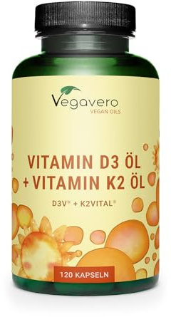 Vitamin D3 K2 Öl Kapseln | Laborgeprüft & Ohne Zusatzstoffe | mit MCT-Öl & V. E | Markenrohstoffe | 1000 IE >99% all-trans MK-7 | Vegan | Deutsche Produktion | Vegavero