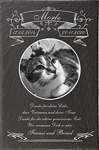 Tiergrabsteine Katzen mit Bild und Text, Gedenktafeln Tiere mit personalisierter Gravur für Katzen, Gedenksteine für Tiere 30x20 cm